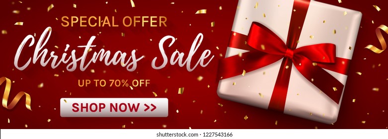 Christmas sale web banner. Template for holiday discounts. Elegant design with gift box and gold confetti. Vector illustration.