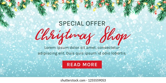 Christmas Sale Web Banner. Vector Template. Snow Background With Christmas Tree Branches And Garland Lights.