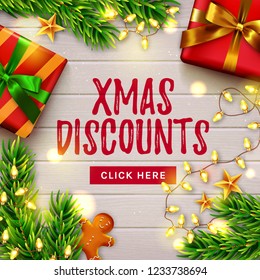 Christmas sale web banner. Wooden table decorated with gifts, Christmas tree branches, gingerbread man and string of lights. Top view. Vector background for Xmas discounts.