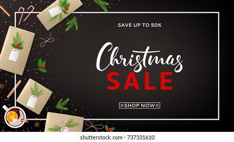 Christmas Sale Web Banner with Xmas Decoration. Top View on Festive Composition with Paper Gift Boxes for Happy New Year. Beautiful Card with Lettering. Vector Illustration with Discount Offer.