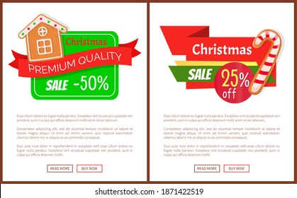 Christmas sale web icons vector cookies. Discounts 50 and 20 percents off, bright design illustrations with cookies of house and candy cane with text