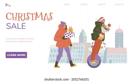Christmas sale web page vector template. Happy woman walking with gift boxes, man riding mono wheel with winter bouquet.
