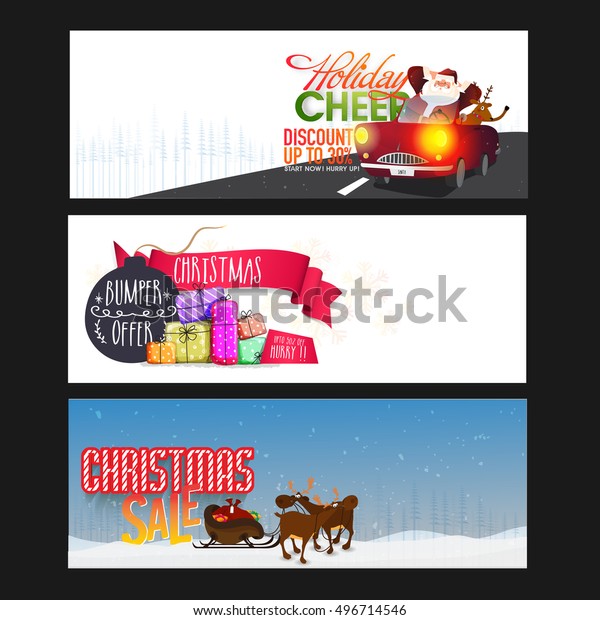 Christmas Sale website header\
or banner set with Santa Claus in car, colorful gifts and reindeer\
sleigh.