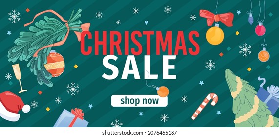 Banner web de cabecera de página de venta navideña con decoración festiva ornamental ornamento ilustración vectorial