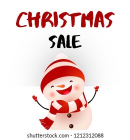 Christmas sale white poster design with happy snowman. Creative inscription with cartoon character of snowman on white background. Can be used for advertising, shopping, sales