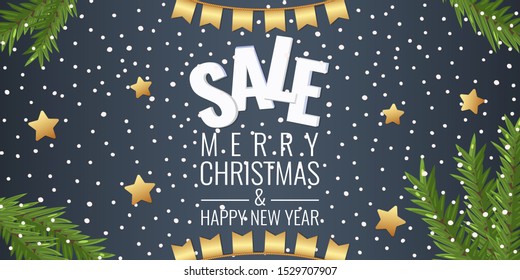 Christmas sale winter banner with snow, fir branchs and stars and golden flags garland. Advertising flyer. Vector illustration.