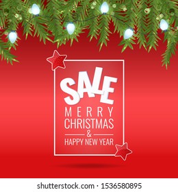 Christmas sale winter banner with snow, fir branchs, light garland and red stars. Advertising flyer. Vector illustration.
