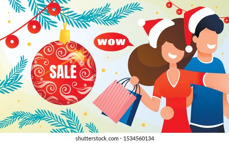 Christmas Sale, Winter Holiday Shopping Discounts, New Year Gifts Prices Special Offer Trendy Flat Vector Advertising Banner, Promo Poster. Happy Couple in Santa Hats Shopping Together Illustration