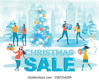 Christmas Sale, Winter Holidays Seasonal Discounts Flat Vector Banner. Happy People in Winter Clothing, Couples Walking, Ice-Skating in Snowy City Park, Carrying Christmas Gifts in Hands Illustration