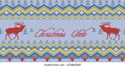Christmas Sale. Winter knitted woolen seamless pattern with red deer and Scandinavian ornament. Inscription can be removed