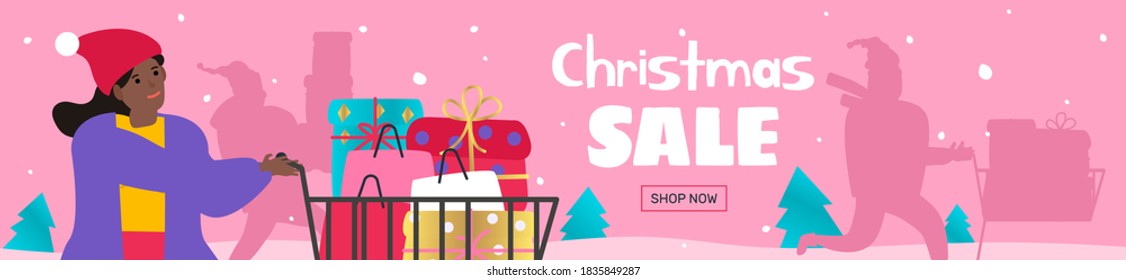 christmas sale woman with shopping cart and running  people silhouettes  vector illustration cartoon web banner