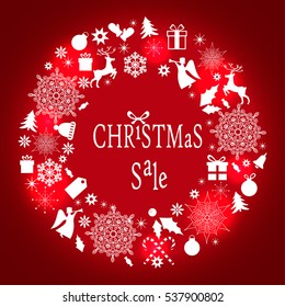 The Christmas sale wreath with deers, snowflakes, angels, sweets and boxes. Vector illustration.