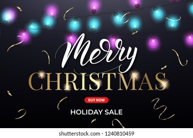 Christmas sale. Xmas banner layout design with Christmas lights, confetti and lettering.