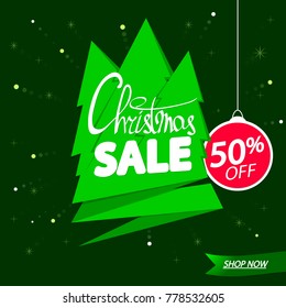 Christmas Sale, Xmas discount 50% off, poster design template, calligraphy lettering, vector illustration