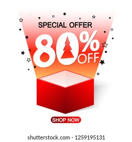 Christmas Sale, Xmas discount banner, save 80% off, poster design template, vector illustration
