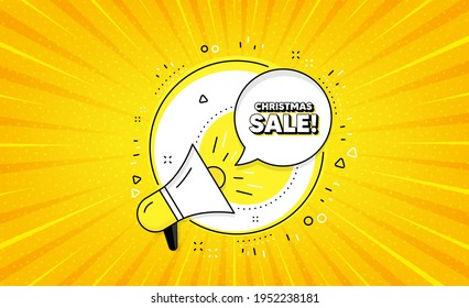 Christmas Sale. Yellow vector button with megaphone. Special offer price sign. Advertising Discounts symbol. Christmas sale line icon. Abstract yellow background. Vector