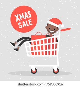 Christmas sale. Young black character wearing santa hat and sitting in the shopping cart. Winter seasonal discounts. Special offer. Holidays. Marketing. Flat vector illustration, clip art