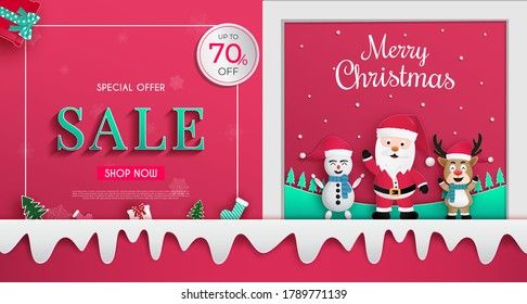 Christmas sales banner design.and there are Santa Claus and reindeer and snowman standing welcome and inviting you to online shopping.and celebrate the Christmas festival with cold weather of winter.
