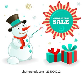 Christmas Sales Banner: Funny Snowman and xmas gifts. Vector illustration