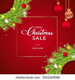 Christmas sales banner with green wreath. Sales banner with wreath, white balls, red balls. Christmas wreath on a red background. Christmas banner template with decorative elements and snowflakes.