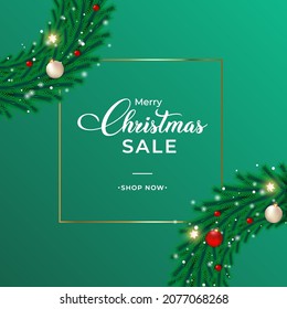 Christmas sales banner with green wreath. Sales banner with wreath, white balls, red balls. Christmas wreath on a green background. Christmas banner template with decorative elements