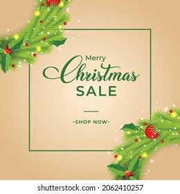 Christmas sales banner with green wreaths and red berries. Xmas sales banner on a golden background. Merry Christmas banner with red decoration balls and glowing snowflakes. Christmas elements.