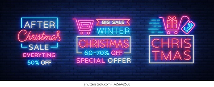 Christmas sales, collection neon signs signs advertising bright festive discounts. Set of cards New Year sales, a luminous banner. Winter discounts, flyers for your projects. Vector illustration.