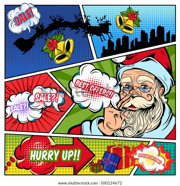 Christmas\
sales comics page with santa claus speech bubbles gift boxes on\
colorful divided background vector\
illustration