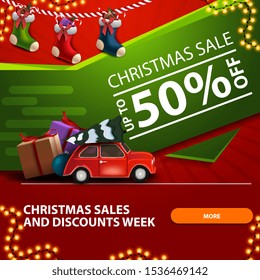 Christmas sales and discount week, up to 50% off, square red and green discount banner with Christmas stockings and red vintage car carrying Christmas tree