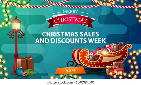 Christmas sales and discount week, blue discount banner with garlands, pole lantern and Santa Sleigh with presents