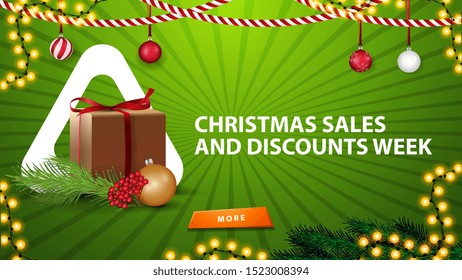 Christmas sales and discount week, green horizontal banner for website with Christmas decor,
