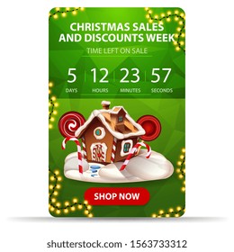 Christmas sales and discount week, green discount banner with countdown, garland, button and Christmas gingerbread house