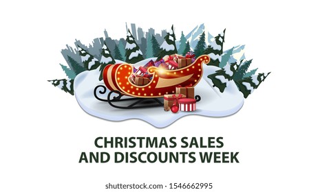 Christmas sales and discount week, modern discount banner with pines, drifts, mountain, city on horizont and Santa Sleigh with presents