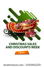 Christmas sales and discount week, white modern discount banner with green abstract liquid shapes and Santa Sleigh with presents