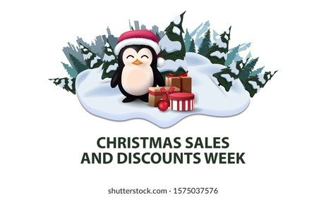 Christmas sales and discounts week, modern discount banner with pines, drifts, mountain, city on horizont and penguin in Santa Claus hat with presents