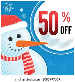 Christmas sales fifty percent off discount vector snowman