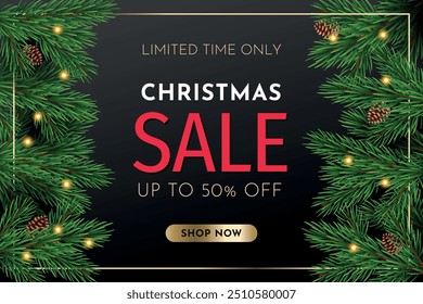 Christmas sales. Fir twigs frame, new year discounts flyer with copy space for promotional text, pine cones, light bulbs garlands, holiday winter shopping, realistic isolated vector concept