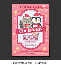 christmas sales poster snow and star texture penguin fox theme box vector illustration