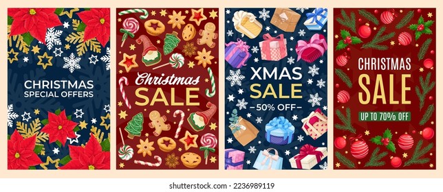 Christmas sales set, banner design template vector illustration. Cartoon Xmas promotions with special discount offers and Christmas Tree decorations, gift boxes with bow, gingerbread and poinsettia