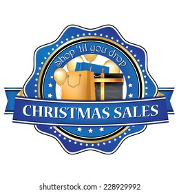 Christmas Sales Stamp / Label. - Shop til you drop. Contains shopping bags, gift box and balloons. Print colors used. 