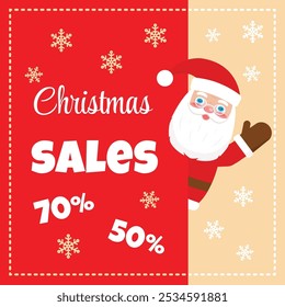 Christmas sales. Vector illustration with the inscription Christmas sales 50% 70% and a cute Santa Claus decorated with snowflakes and a dotted line.