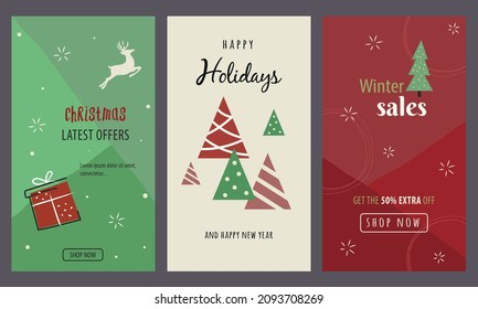 Christmas sales vertical banners and greeting. Backgrounds set with gift box, reindeer and xmas trees with Shop Now button, Latest offers and 50% off. Happy New Year. Red, green and white colors. 