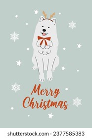 Christmas samoyed in hand drawn style. Greeting text Merry Christmas. Beautiful illustration for greeting cards, posters and seasonal design.