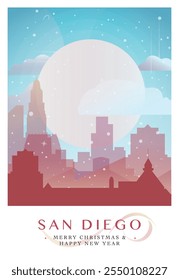 Christmas San Diego retro poster for winter festives, New Year in USA. Greetings, happy holidays and merry xmas from California, United States of America vector postcard layout