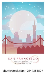 Christmas San Francisco retro poster for winter  festives, New Year in USA. Greetings, happy holidays and merry xmas from California, United States of America vector postcard layout