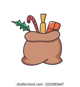 Christmas santa bag with gifts cartoon clipart. Hand drawn bag with sweets and gifts isolated vector illustration. Symbol new year and christmas