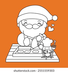 Christmas Santa Baking Cake Holiday Cartoon Digital Stamp Outline