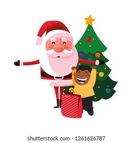 christmas santa with boy and gift tree