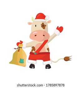 Christmas Santa bull holding a bag with gifts. Chinese new year 2021 symbol. Vector illustration.
