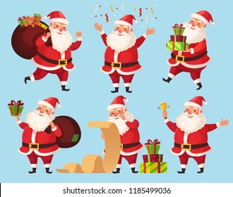 Christmas Santa cartoon character. Funny Santa Claus with Xmas presents, winter holiday beard characters. Grandfather with gifts, noel 2019 new year vector isolated icons illustration set